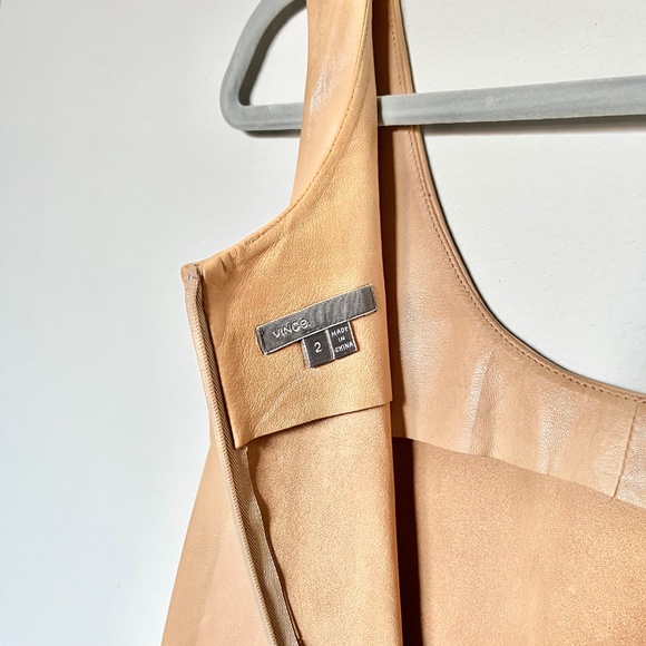 VINCE 100% Lamb Leather Sleeveless Tank Front Pocket Mini Shift Dress Tan Size 2 - Picture 11 of 15